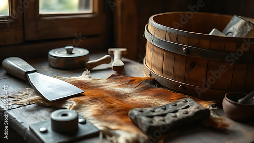 Ancient tanning tools including a scraper, barrel, and stretched animal hide.