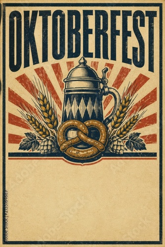 Oktoberfest beer stein emblem with pretzel and royal crown on vintage festival poster