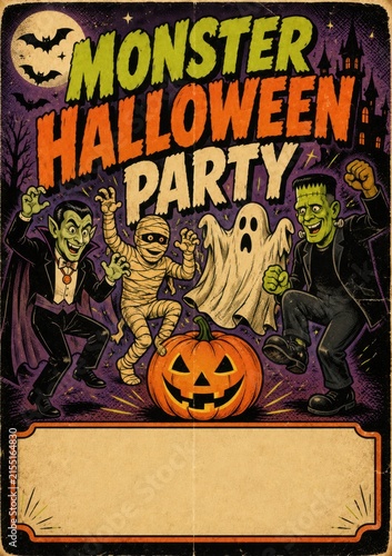 Vintage Halloween party poster with monsters and jackolantern celebrating spooky night
