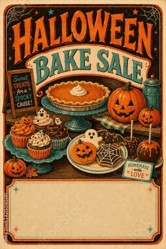 Vintage Halloween bake sale sign with pumpkin pie and jackolantern desserts