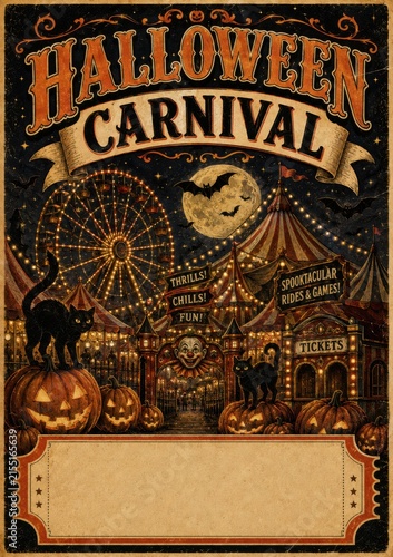 Vintage Halloween carnival poster with spooky circus and full moon background