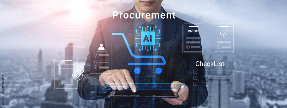 Obraz premium A business professional interacts with a digital tablet focusing on procurement and AI technology, showcasing modern commerce efficiency against an urban skyline backdrop. Cyphers