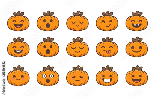 Set of cute pumpkin emoji icons with various facial expressions for halloween and autumn season design projects