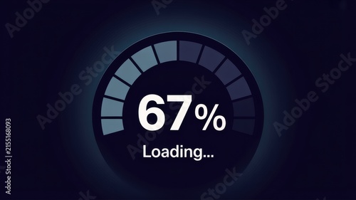 Abstract Digital Interface Screen With Glowing Blue Loading Screen at 67 Percent on Dark Technical Background