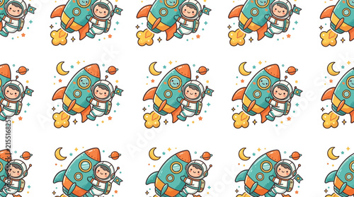 Cute Astronauts Riding Rocket Ship