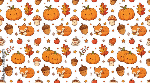 Cute Autumn Pattern with Foxes and Pumpkins