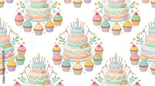 Cute Birthday Cake and Cupcakes Seamless Pattern