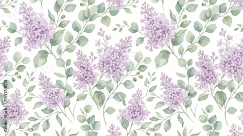 Watercolor Floral Pattern with Purple Lilacs