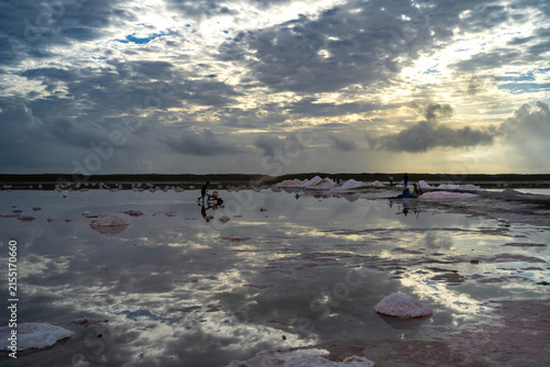 Un trabajador de las Salinas de Pampatar está llevando la sal de la laguna en su carretilla desde la madrugada.
