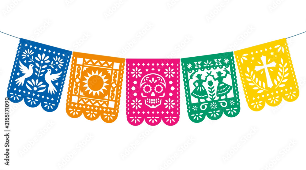 Naklejka premium Colorful Mexican Papel Picado Bunting Isolated on White
