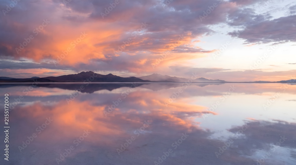 Fototapeta premium Serene sunset over a calm lake with mountain reflections.