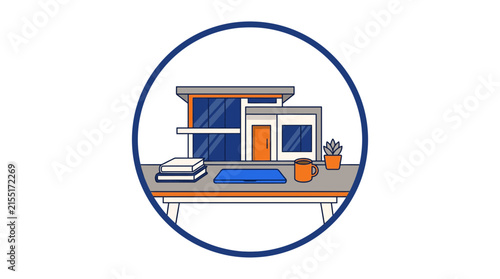 Circular icon featuring modern house model on office desk.