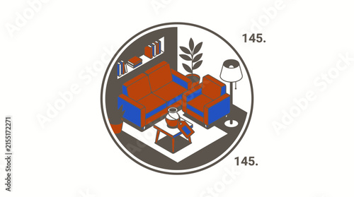 Circular icon of isometric living room interior furniture.