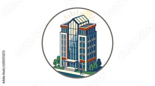 Circular icon of modern glass office building with trees.