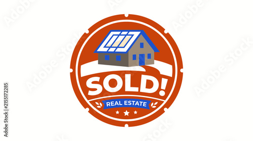 Circular orange real estate logo with house and sold text.