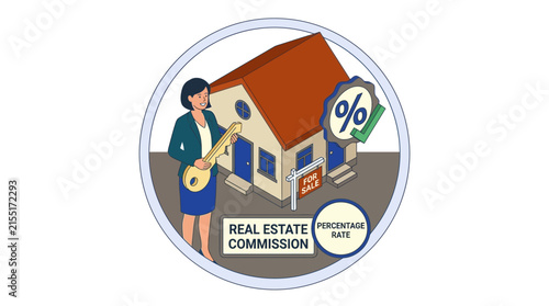 Circular real estate commission badge with agent and house.