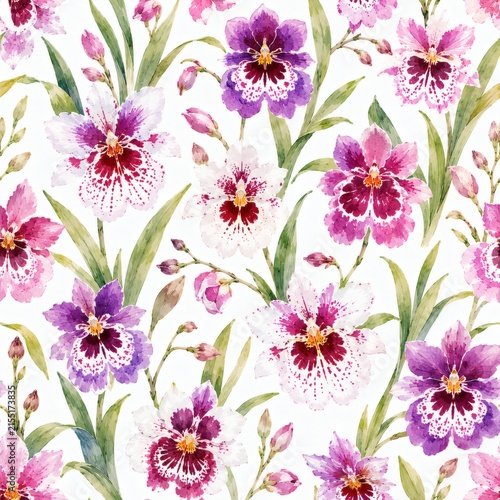 Seamless watercolor pattern with vibrant orchid flowers and green leaves