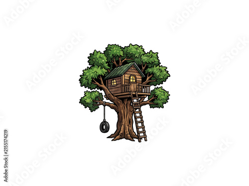 Принти на полотні Detailed Wooden Treehouse Nestled In An Oak Tree, Equipped With A Ladder And Tir