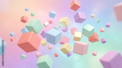 Colorful 3D geometric cubes floating in soft gradient pastel background for modern design projects