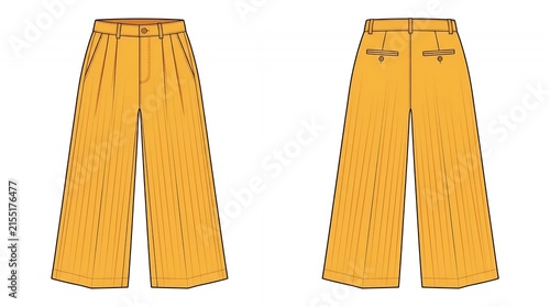 Women's High Waisted Yellow Pinstripe Wide Leg Trousers Fashion Technical Sketch Front and Back View
