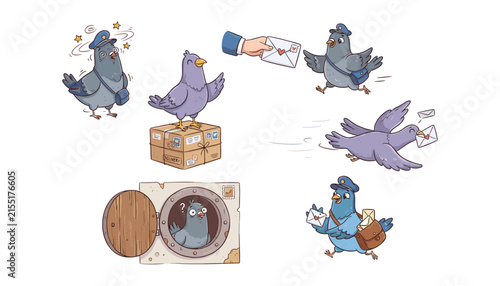 Fotografie Cute carrier pigeon messenger bird vector set featuring funny postman characters