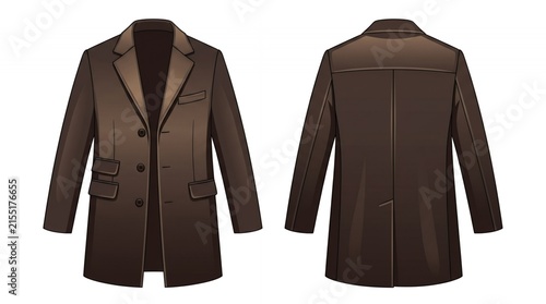 Stylish Dark Brown Winter Overcoat for Men Featuring Front and Back Views Fashionable Long Jacket Design Template