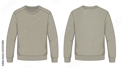 Grey Knitted Sweater Crew Neck Jumper Front and Back Technical Fashion Sketch Template for Men or Women Apparel