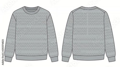 Grey Cable Knit Crew Neck Sweater Technical Flat Sketch Front and Back View Apparel Design Mockup Template