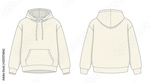 Technical Flat Sketch of a Cream Oversized Hoodie Sweatshirt with Front and Back Views for Fashion Apparel Design