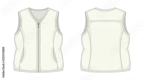 White Fleece Zippered Vest Gilet Technical Sketch Illustration Front and Back View for Clothing Design Mockup