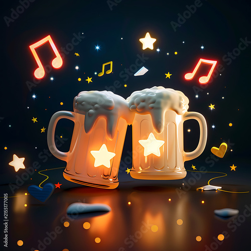 3D glowing clinking beer mugs with music notes and top dark copy space for weekend pub party social media invites and entertainment app popups