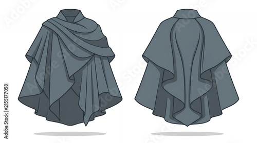 Modern Draped Cape Poncho Fashion Technical Flat Illustration Front and Back View for Apparel Design Template