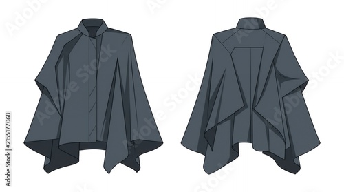 Charcoal Grey Asymmetrical Cape Poncho Technical Fashion Sketch Front and Back View for Apparel Design and Mockup