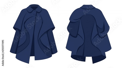Modern Dark Blue Cloak Poncho with Elegant Ruffles and Collar Design for Winter Outerwear Apparel Concepts
