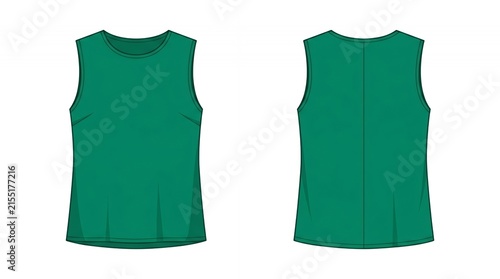 Blank Green Sleeveless Tank Top Fashion Flat Sketch Front and Back Views for Apparel Design Mockup Template