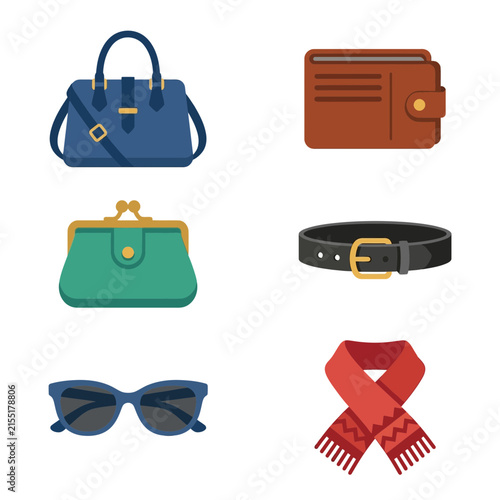 Personal accessories vector set displays a blue handbag, leather wallet, coin purse, belt, sunglasses, and scarf.