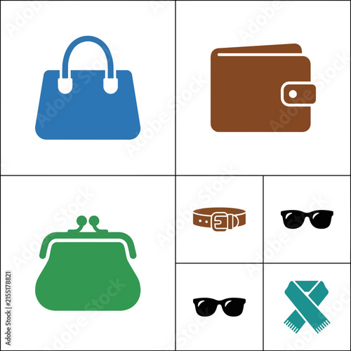Fashion accessory icons show a handbag, brown wallet, green coin purse, belt, sunglasses, and scarf.