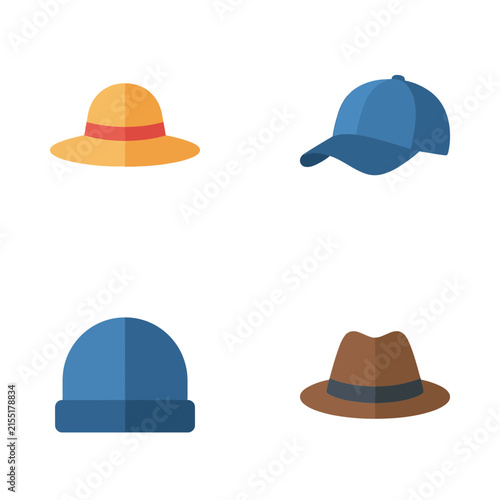 Headwear icons including a straw hat, blue cap, winter beanie, and brown fedora on a white background.