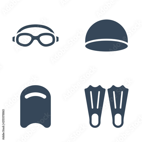 Swimming equipment icons showing swim goggles, a silicone cap, a kickboard, and flippers are set on a white background.