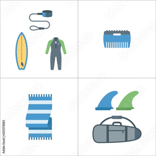 Surfing equipment set features surfboard, wetsuit, fins, and beach towel displayed in a flat vector style.