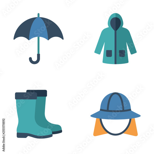 Umbrella, raincoat, rubber boots, and waterproof hat form a rain gear icon set isolated on white.