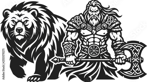 Warrior with axe and bear companion
