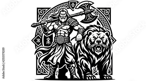 Warrior with axe and bear illustration