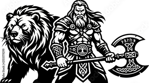 Warrior with axe and bear illustration