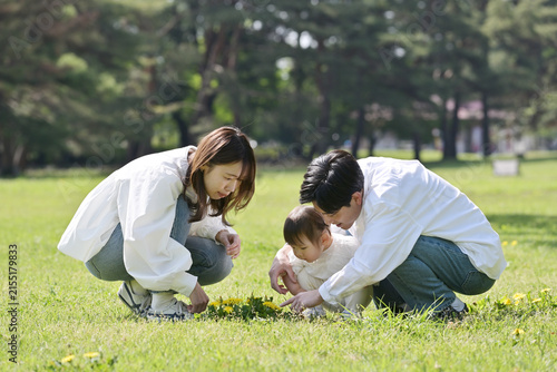 芝生の上でくつろぐ若いファミリー