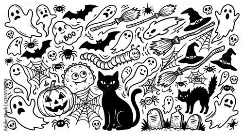Halloween Doodles Featuring Black Cats, Ghosts, Bats, and Pumpkins