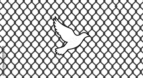 A minimalist white silhouette of a flying dove centered against a dark wire mesh pattern.