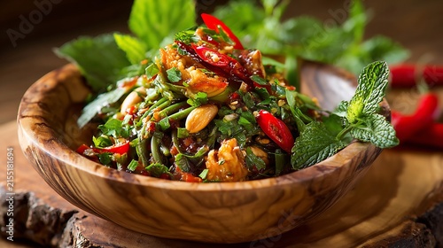Spicy green bean salad with roasted peanuts and red chili in a rustic wooden bowl
