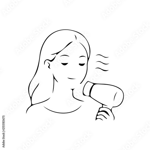 Minimal woman line icon showing hair drying with a blow dryer, ideal for hairstyling tutorials, salon branding, beauty services, and personal grooming designs.