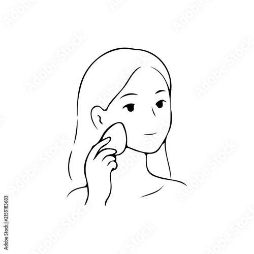 Minimal woman line icon showing cosmetic application on the cheek, suitable for makeup tutorials, beauty branding, cosmetic packaging, and personal care designs.